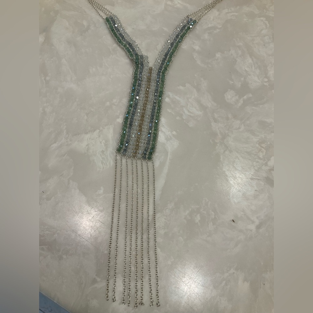 Long Nakamol Green Bead and Silver Chain Fringe Necklace, Excellent Condition - Picture 3 of 10